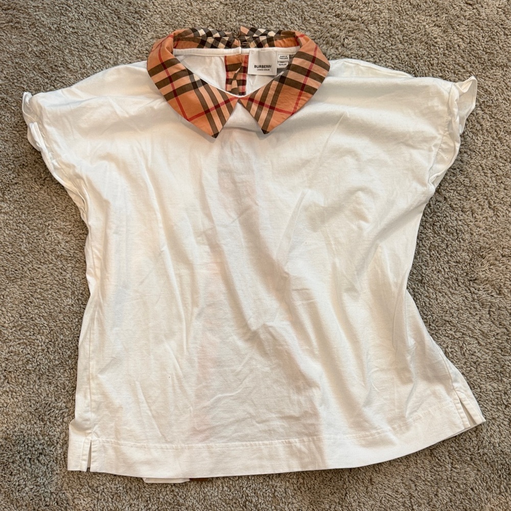 Burberry White Top with Tan Plaid Collar kids